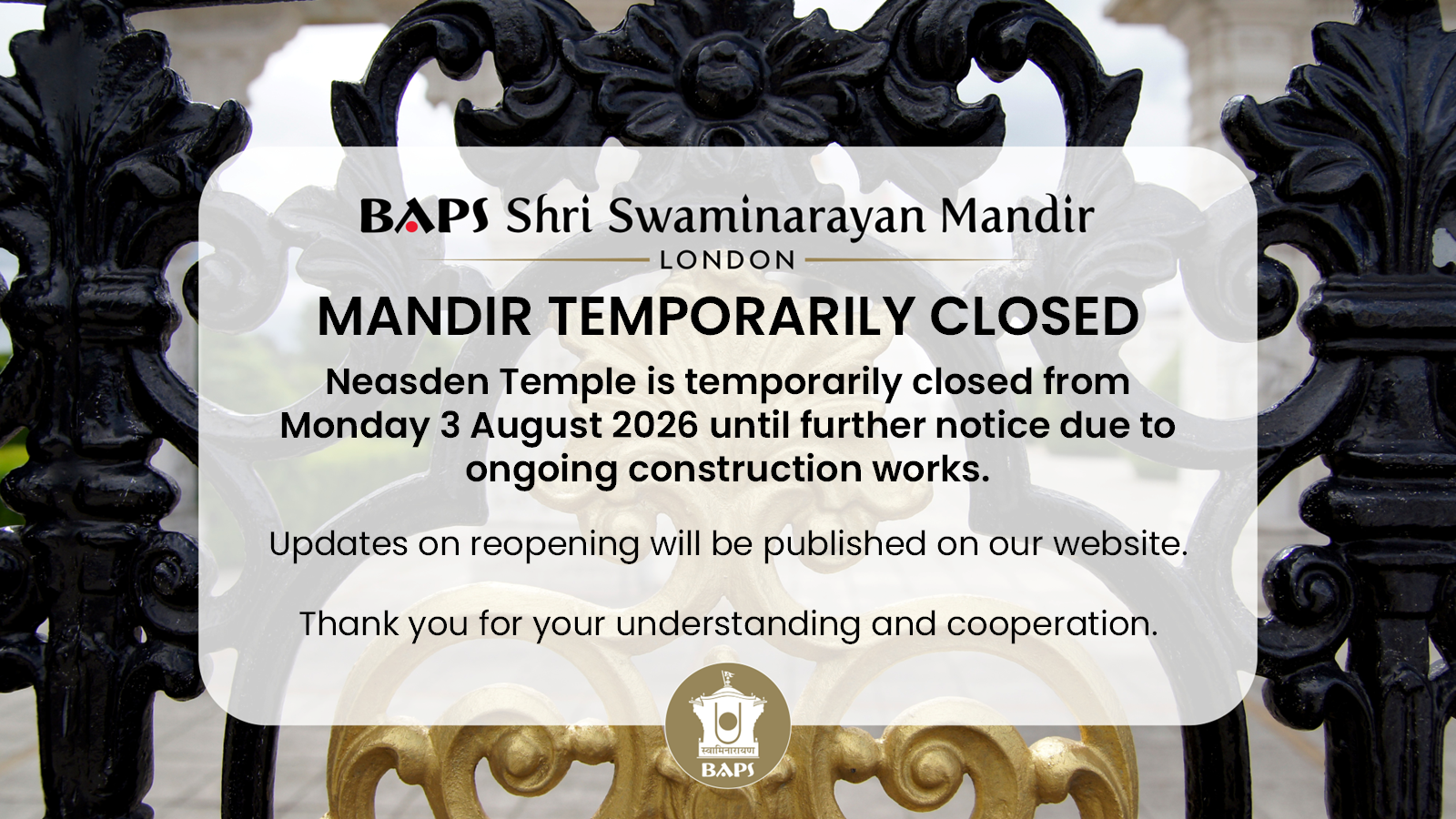 Mandir Temporarily Closed